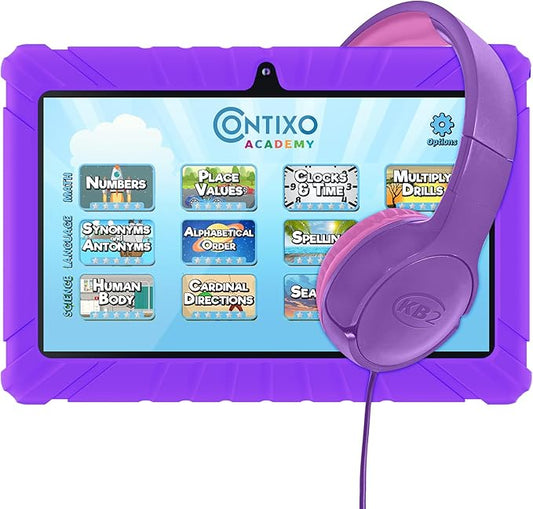 Contixo 7 Kids Tablet Bundle - Learning Tablets and Headphones for Kids, Includes 14 Teacher's Approved Apps, 7-inch HD, Ages 3-7, Parental Control, Android 11, 32GB, WiFi - Purple (Girls)