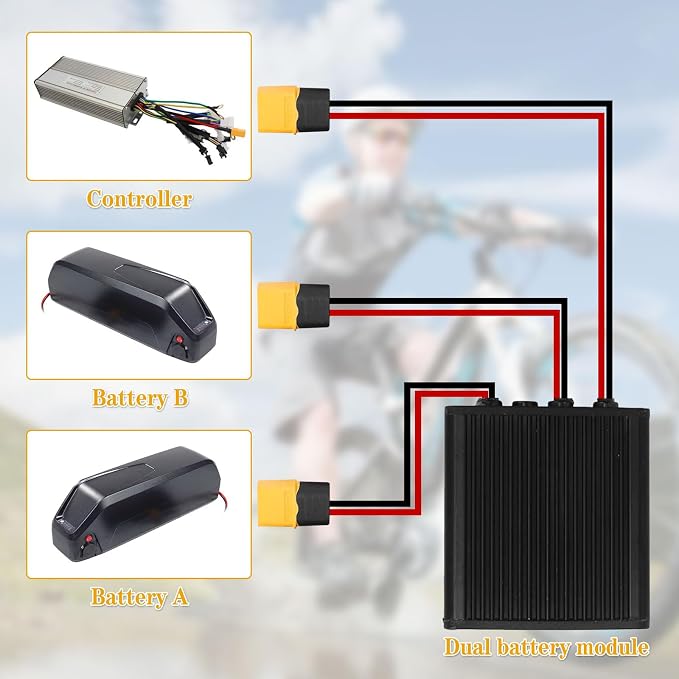 Dual Battery Connector, 20V-72V DC E-Bike Dual Battery Discharge Converter XT60 Port Adapter Battery Capacity Double Battery Pack Switch Balancer (20A)