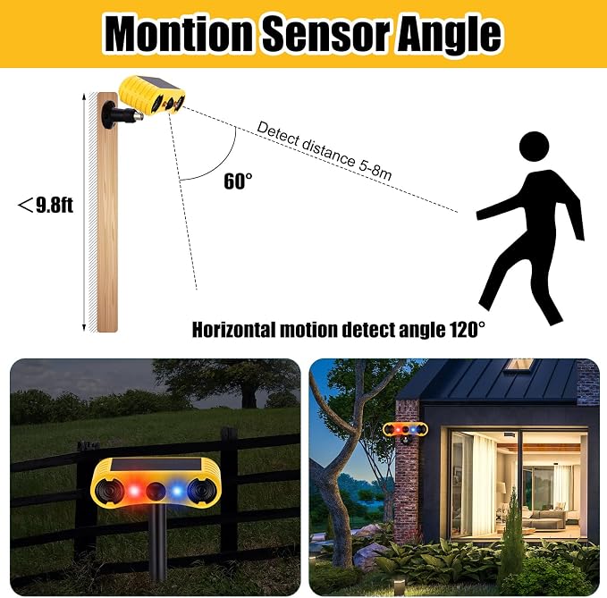 Qualirey 2 Pack Solar Outdoor Motion Sensor Alarm with Stake Animal Deterrent 2 x 129dB Loud Noisemaker 13 Sound Detector Strobe Light, 4 Mode Dog Barking Alarm Sensor on Ground or Fence