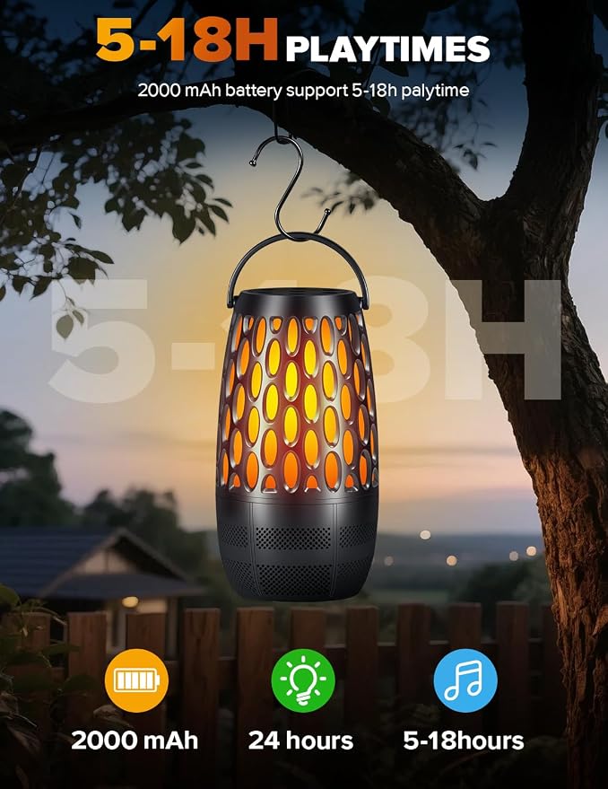Upgraded Outdoor Speakers with Flame & RGB Lights, 10W HD Stereo, Bluetooth 5.3 Auto-Pairing, Multi-Sync 100+ Speakers, IPX6 Waterproof, Perfect for Patio, Pool, Party | Gifts for Men & Women(1Pack)