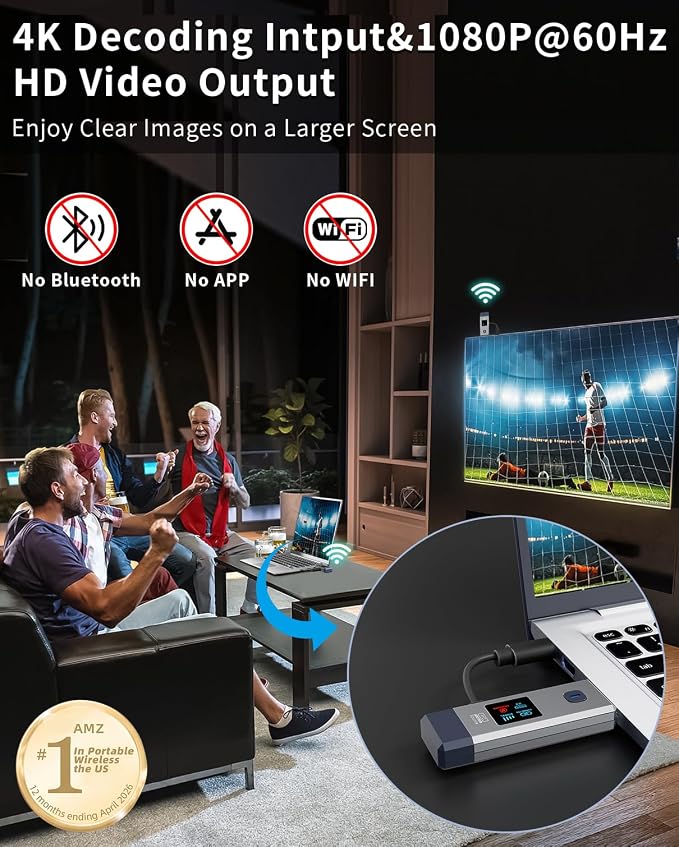 Wireless HDMI Transmitter and Receiver 328ft/100m Extender 4K Decode Input 1080P Output Plug&Play Portable 2.4G/5.8G for Video and Audio to Monitor from PC/Projector/TV Box, with Display Screen