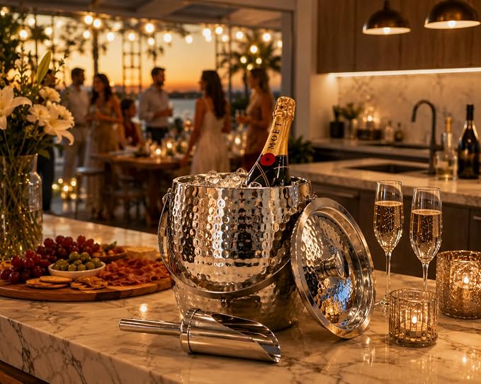 BREKX 3-QT Insulated Ice Buckets for Parties with Lid and Scoop - Iceberg Anchored Wine Chiller Champagne Bucket for Cocktail Bar, Metal Bucket with Lid, Non-Sweat