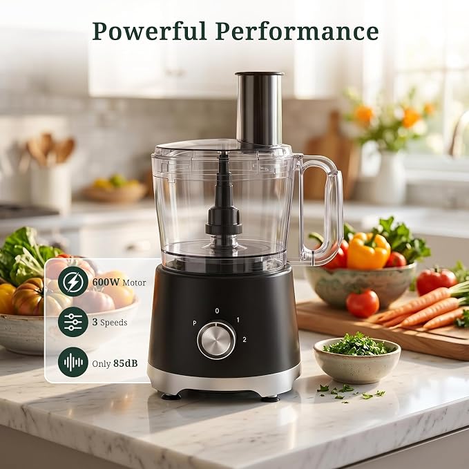 Food Processor 10.5 Cup (2.6QT), 600W Electric Food Chopper with 5 Stainless Steel Blades, 3-Speed Vegetable Chopper for Slicing, Shredding, Chopping & Dough Kneading, BPA-Free, Dishwasher Safe