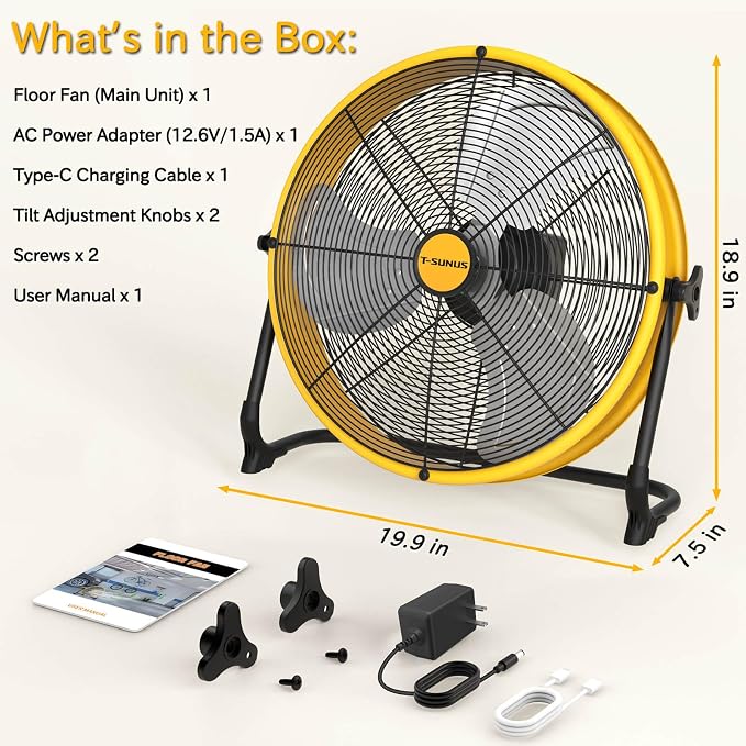 T-SUNUS 16" Battery Powered Floor Fan, 15600mAh Rechargeable Cordless Fan 2500 CFM High Velocity Airflow, Quiet Brushless Motor, 360° Adjustable Tilt for Home Garage Outdoor Patio RV Emergency Camping
