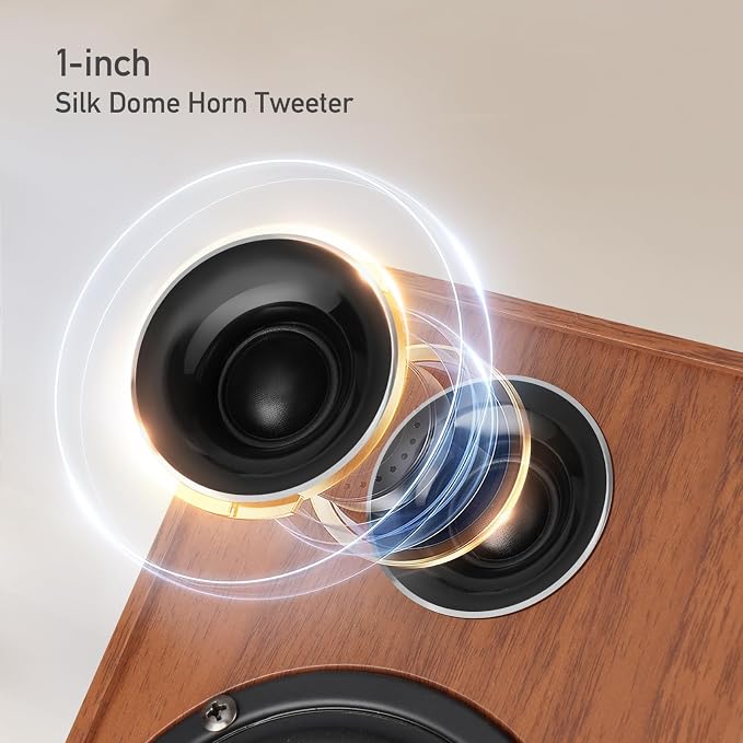 Elimavi Powered Bluetooth 5.3 Bookshelf Speakers - 60W Record Player Speakers with 4" Carbon Fiber Woofer & USB-C/RCA Input, Wooden Monitor Speakers for Turntables, PC, TV, Gaming, Brown
