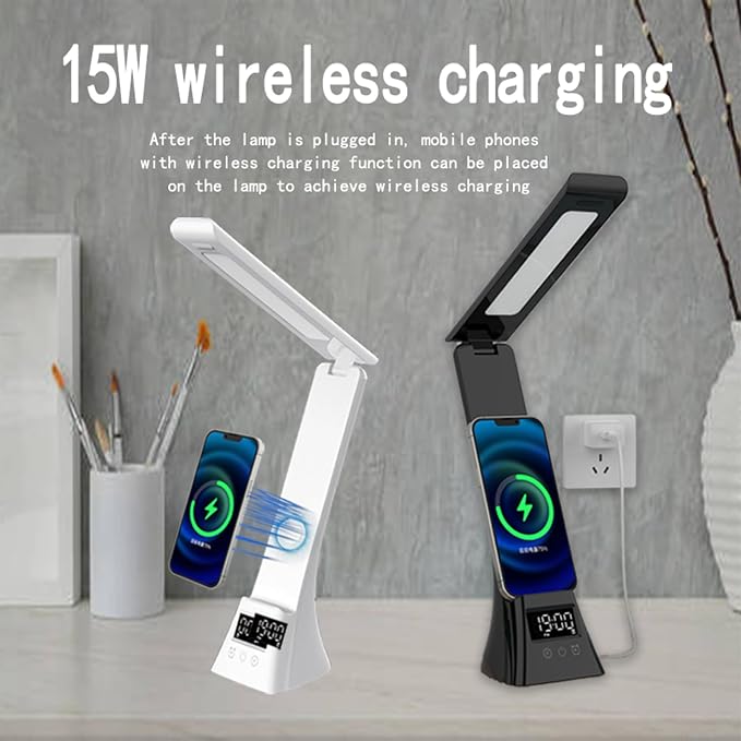 All-in-One Wireless Charging Desk Lamp with Digital Clock & Alarm, 15W Fast Phone Charger, 3 Color Lighting Modes, 180° Foldable, Touch Control for Bedroom, Office,HYV-2088 Black.