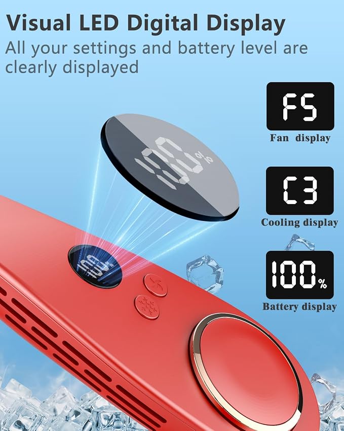 Neck Fan with Cooling Plate, Rechargeable 5500mAh Battery Operated, LED Displays & 5 Speeds Settings Neck Air Cooler, Hands Free Wearable No Blade Necklace Fan for Kids Men Women Outdoor Indoor, Red