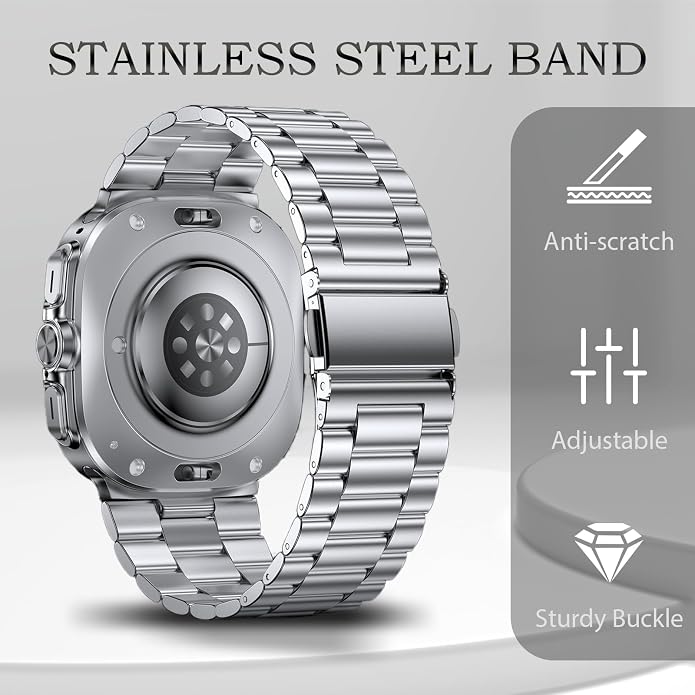 Stainless Steel Metal Band Compatible Samsung Galaxy Watch Ultra 47mm(2025 2024) with Case,Replacement Business 22mm Strap for Galaxy Watch 7 8 Ultra for Men (black+silver)