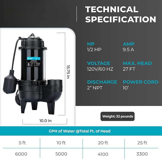 LEO 1/2 HP Sewage/Effluent Pump, 6000 GPH Submersible Basement Sewer Pump with 10ft Auto Float Switch, Cast Iron Sump Ejector, 2'' NPT for Sewage Basin, 115V
