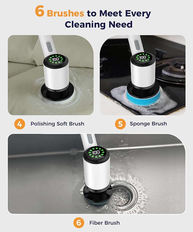 Electric Spin Scrubber, Cordless Cleaning Brush with 6 Replaceable Heads, Adjustable Long Handle, IPX7 Waterproof Lightweight Power Scrubber for Bathroom Tile Grout Tub Shower, White-le1