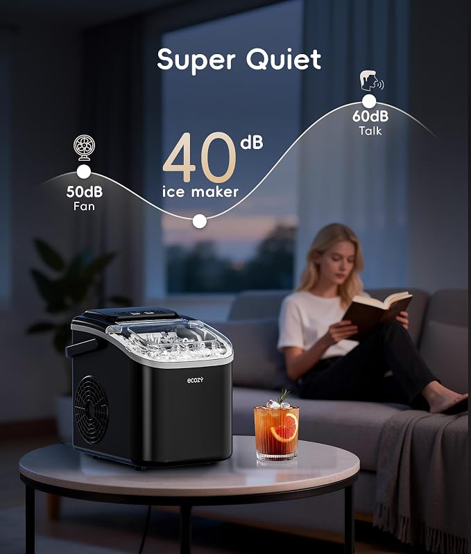 ecozy Portable Ice Makers Countertop, 8 Cubes in 6 Mins, 26lbs/Day, Bullet Ice Maker Machine with 2 Ice Sizes, Self-Cleaning Ice Maker with Carry Handle for Home/Kitchen/Party/Travel - 2026 Version