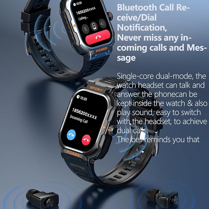 Military Smart Watch with Earbuds for Men and Women,2'' Tactical Display,Sport Modes,Fitness Tracker,Heart Rate,Answer/Make Call, Sleep Monitor, SmartWatch Built-in Headphone Combo,iOS & Android