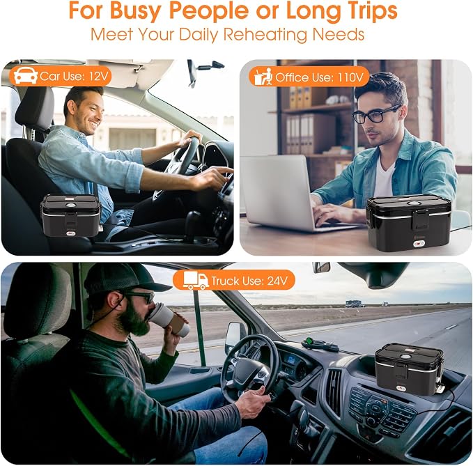 Kabbas 1.8L Portable Electric Lunch Box for Adults, 100W Heated Lunch Box for Men with Removable Dual Container, Fast Heating Food Warmer, 12V/24V/110V for Car Truck Office lonchera eléctrica portátil