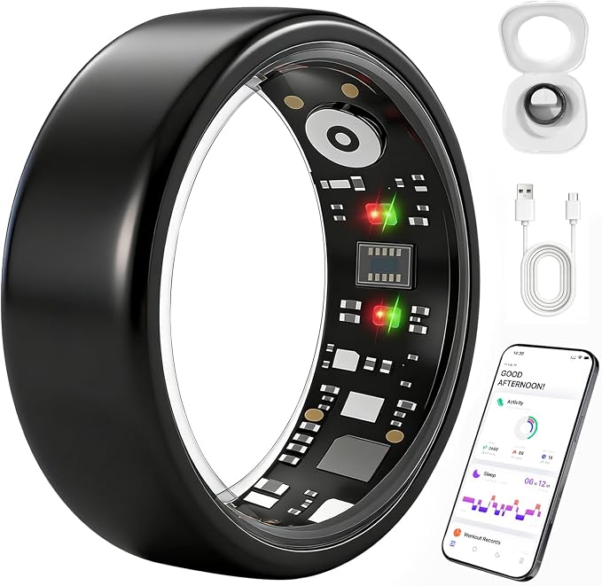 Smart Ring for Women Men, Health Fitness Ring Gen 3 with Free App No Subscription Fee, Stress & Sleep Monitor, Heart Rate & Step Tracker, IP68 Waterproof, Android/iOS Compatible (Black,8)