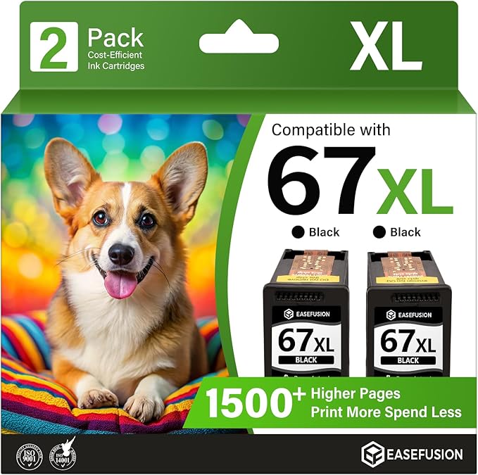 EaseFusion 67XL Black Ink Cartridge Replacement for HP Ink 67 Black HP67XL HP67 Compatible with DeskJet 2855e 2755e 2700 4255e 4155e 4100 Envy 6000 6055e 6455e Printer, 2-Pack