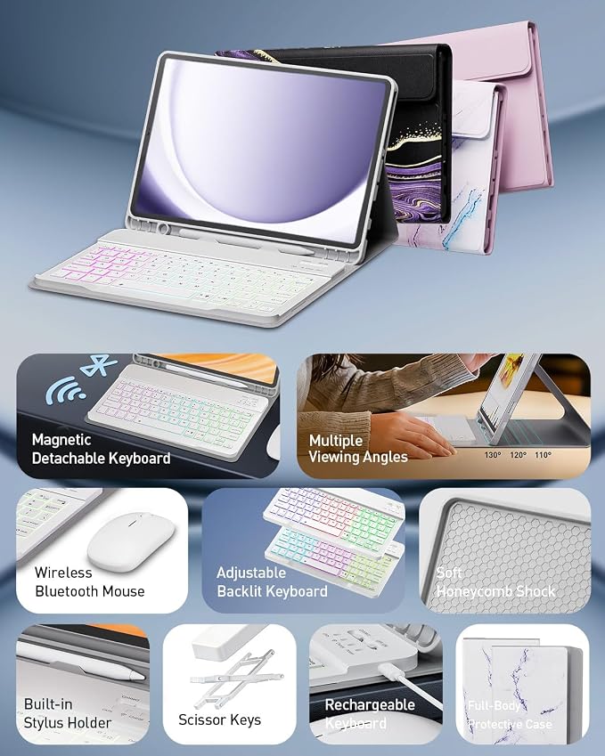 Keyboard Case for Samsung Galaxy Tab A11 Plus 11 Inch 2025/ A9+ Plus 2023 Tablet, Detachable Rainbow Backlit Wireless Keyboard and Mouse, Slim Stand Cover with S Pen Holder(White Marble)