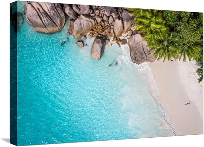 ART.COM Stretched Canvas Print Tropical Beach with Sea and Palm Taken from Drone. Seychelles Famous Shark Beach - Aerial Photo by IM_photo, 24" x 16"