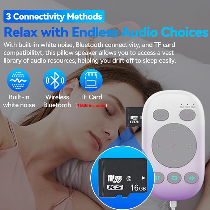 Pillow Speaker with Remote for Sleeping - Bone Conduction Speaker with 36 Built-in White Noise, Silent Bluetooth Speakers Under Pillow, Portable Sleep Bar (with TF Card, Purple to White)