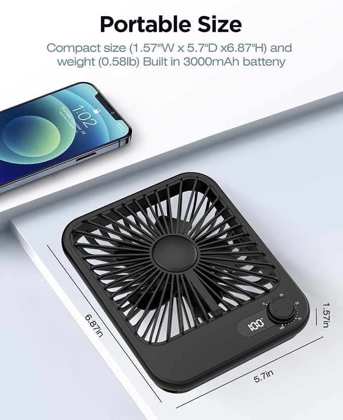 2 Pack Portable Travel Fan for Sleeping 5000mAh, 6.8" Small Desk Fan with 100 Speed,Digital Display, Rechargeable Battery Powered Fan for Cruise Office Bedroom Outdoor