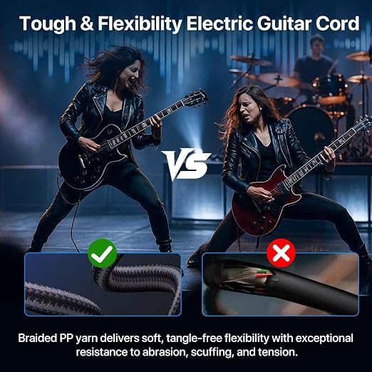 Short Guitar Cable 6.6FT, Amp Chord Electric Bass Amp Cord Braided, TS 1/4 Quarter Inch Straight to Right Angle Bass Instrument Cables Pro Audio (Black, 1Pack)