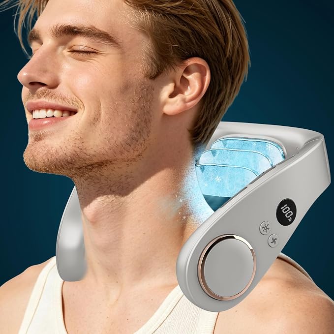 Neck Fan with Cooling Plate,5500mAh Rechargeable, 5 Speeds & 3 Temp Modes (77/68/59°F),1S Cooling Down,USB-C Quick Charge, 24H Max Runtime, Hanging Fans for Office, Outside Workers, Blue Collar Men