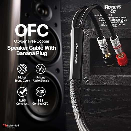 Nakamichi Excel Series 24k Gold Plated Banana Plugs with Speaker Cable Wire 99.9% Oxygen-Free Copper (OFC) Heavy Duty Braided for Amplifier Hi-Fi Home Theatre - Black (12 AWG / 15 feet / 4.5m)