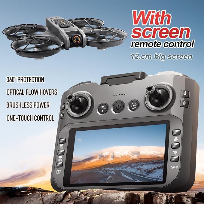 RC Drone With Screen On Controller (4.92in), UHD Dual Camera, Brushless Motor, Optical Flow Hovering, 360° Propeller Guard, 6-Axis Gyro, Headless Mode, One-Key Takeoff/Landing, 3-Speed Adjustable, 50X Zoom, Gesture Control, Trajectory Flight, Night LED...