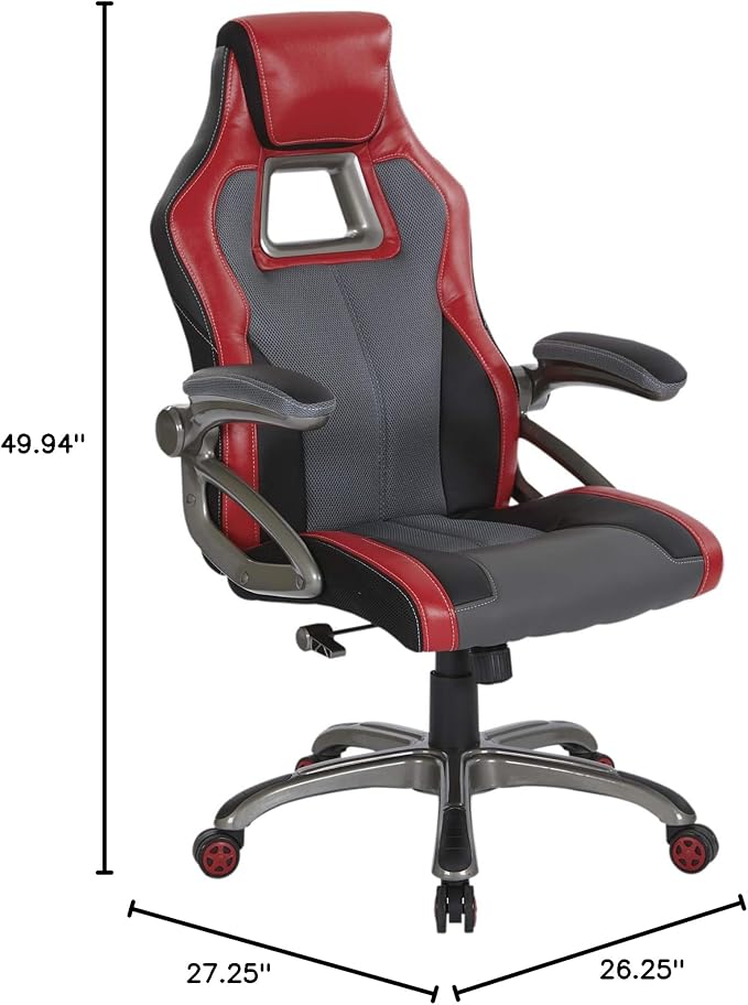 OSP Home Furnishings Race Car Adjustable Gaming Chair, Charcoal Grey Bonded Leather with Red Accents