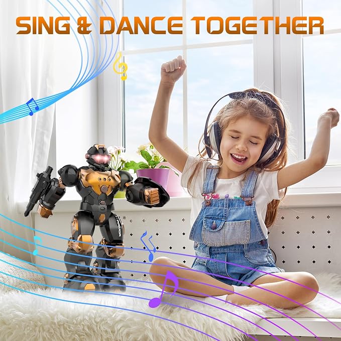 STEMTRON Robot Toys for Kids, Programmable Remote Control Robot with Intelligent Gesture Sensing, Recharge, Singing & Dancing Mode, Launcher (Brown)