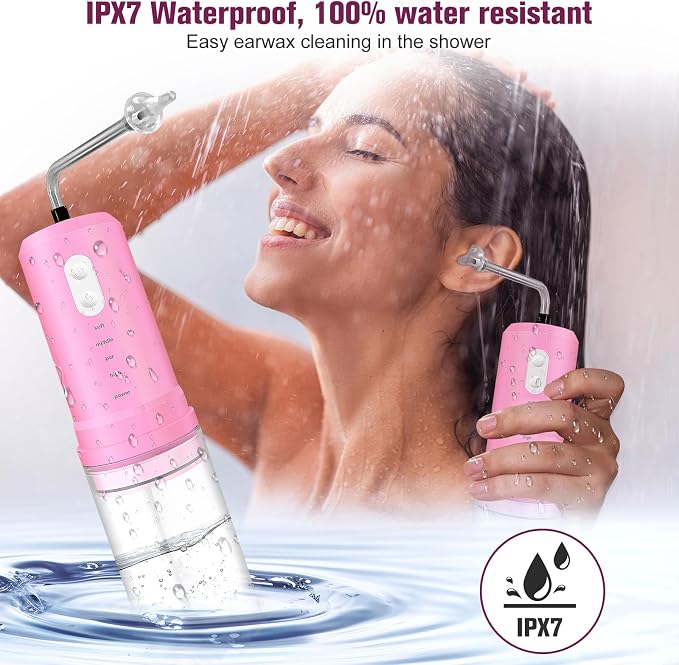 Ear Wax Removal, Electric Ear Irrigation Flushing System, Water Powered Ear Cleaner with 4 Pressure Modes, 6 Reusable Replacement Tips, Safe and Effective Ear Cleaning Tool for Adults (Pink)