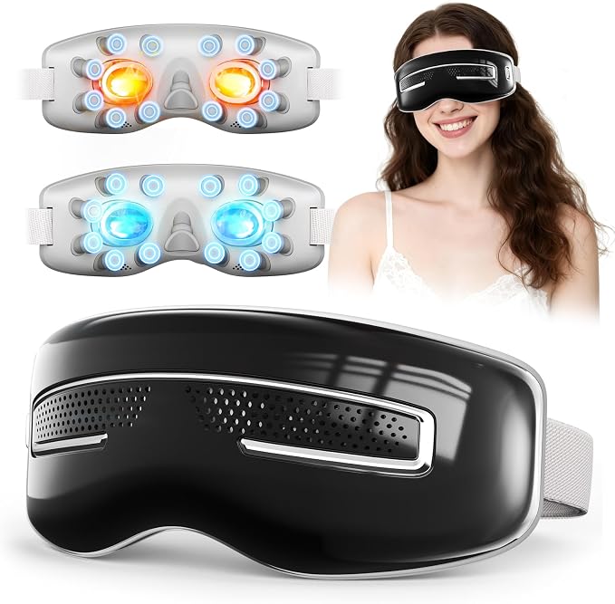 Eye Massager with Heat and Cooling, Integrated Smart Sleep Mask with Nose Rest and Soft Silicone Massage Head, 4 Massage Modes for Migraines, Dry Eye, Dark Circles,Bluetooth Music, Gift for Mother