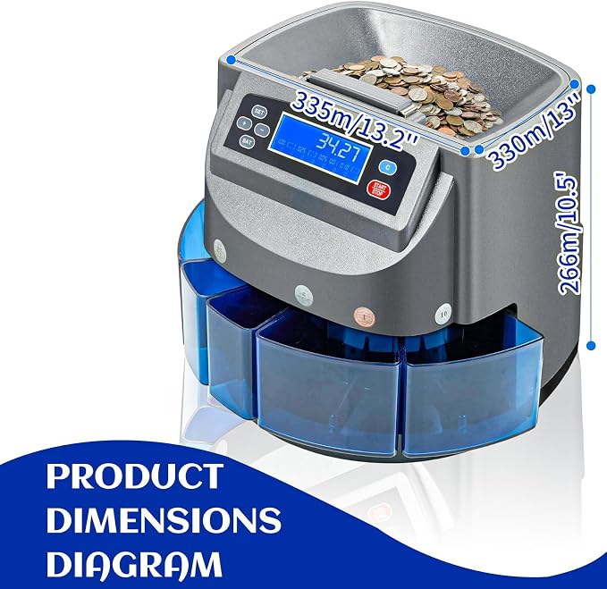 Coin Counter Machine, Coin Sorter Machine with LCD Display, 500 Coins Capacity Automatic Coin Sorter and Wrapper Machine, Sorts up to 270 Coins/min, Change Counter for USD Coin 1￠ 5￠ 10￠ 25￠ $1