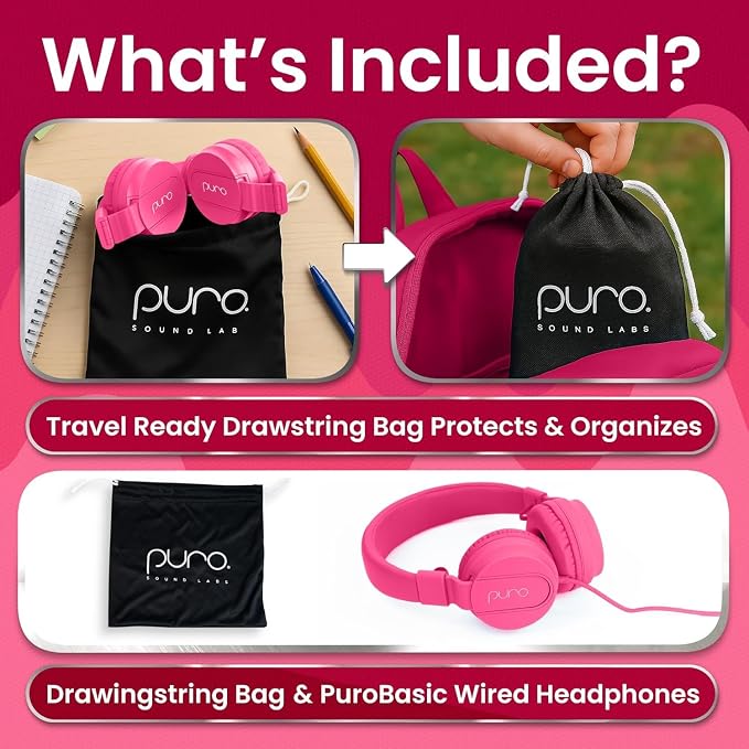 Puro Sound Labs Kids Wired Headphones – Volume-Limiting & Adjustable, Safer & Comfortable Headphones for Kids – Compatible with PCs, Smartphones & Tablets, Ideal for School & Travel – PuroBasic, Pink