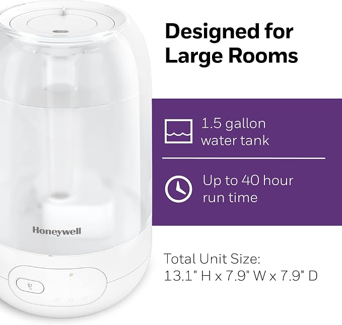 Honeywell Ultra Comfort Cool Mist Humidifier With Humidistat, 1.5 Gal Tank, No Filter, Digital Controls, Cleaning Brush Included, Ultra Quiet, Use With Essential Oils, White, HUL565W