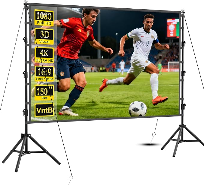 Outdoor Projector Screen with Stand, 150 inch Portable Projection Screen Wrinkle-Free 16:9 4K Rear Front Movie Screen with Carry Bag for Indoor Home Theater, Camping and Backyard Entertainment 150inch