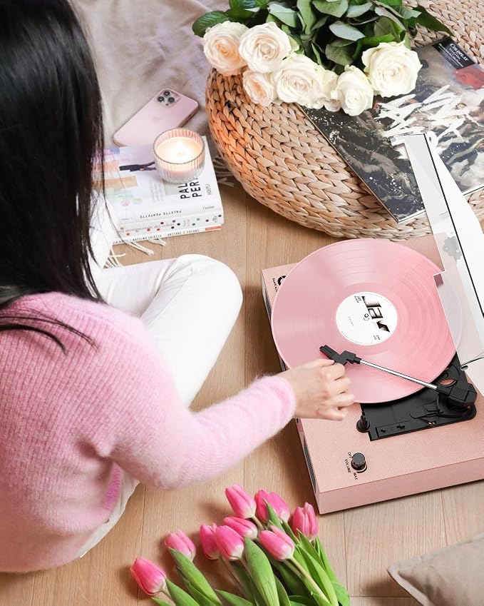 Vinyl Record Player Vintage Wireless Bluetooth Record Player with Enhanced Speakers, USB Recording, LP Player with 3-Speed Belt Drive Turntable Support RCA Line-Out AUX Input EQ,Pink