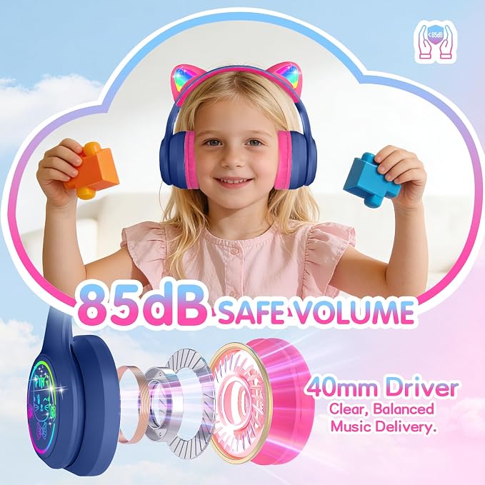 IFECCO Kids Wireless Headphones with Case - Cute LED Light Up Cat Ear,50H Playtime,Safe Volume Limited,Bluetooth 6.0 Kids Girls Headphones for School iPad Tablet Gifts