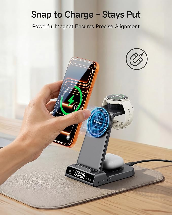 Charger for Garmin Watch, Magnetic Charger for iPhone 17 16 15 14, 3 in 1 Wireless Charging Station for Fenix, Venu, Forerunner, vivoactive, Instinct, Charger Stand for AirPods Pro 3/4 (No Adapter)