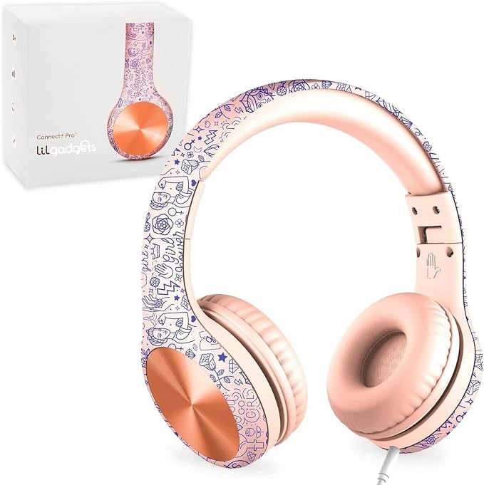 LilGadgets Connect+ Pro Wired Kids Headphones for School with Microphone, Volume Limiting Over-Ear Headset with Cord, SharePort Technology & SoftTouch Padding, Girl Power
