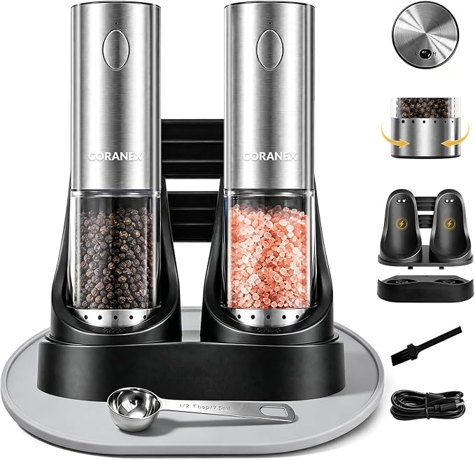 Upgraded Electric Salt and Pepper Grinder Set, USB Rechargeable Automatic Mill with Adjustable Coarseness, Premium Housewarming Gift