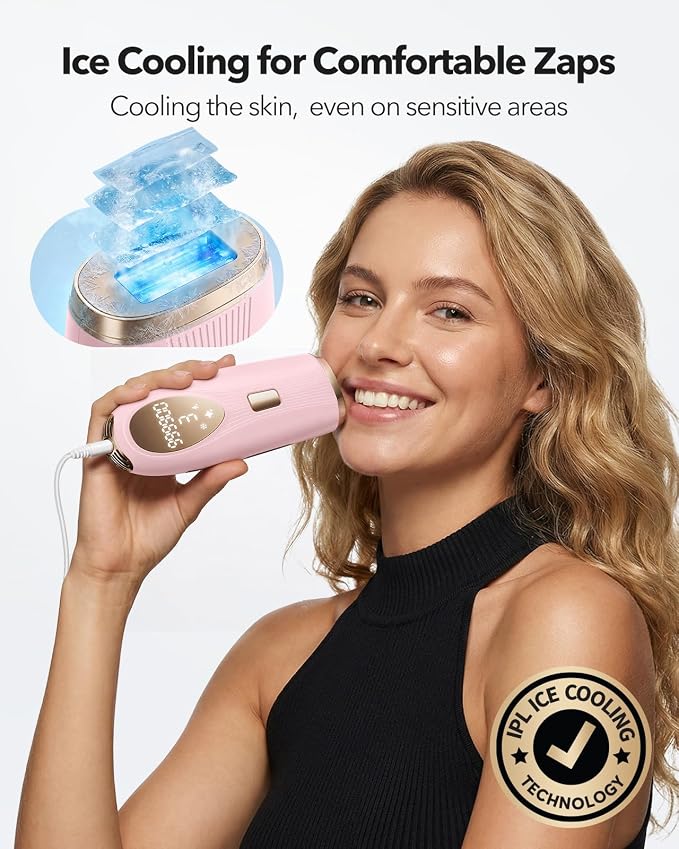 IPL Laser Hair Removal for Women and Men, At-Home Painless IPL Device with 5° Ice Cooling, 85% Hair Reduction for Armpits & Bikini and Full Body, Pink