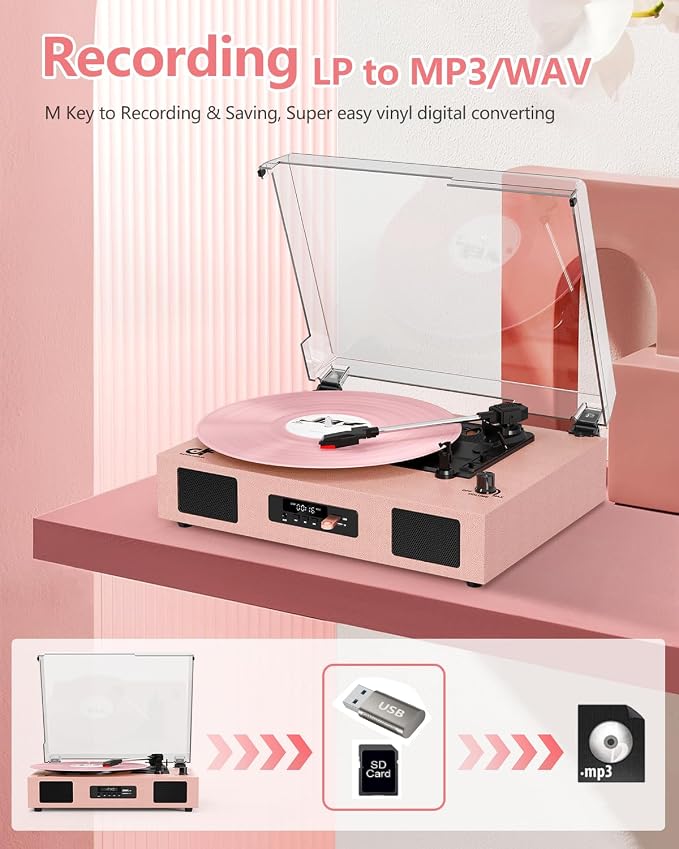 Vinyl Record Player Vintage Wireless Bluetooth Record Player with Enhanced Speakers, USB Recording, LP Player with 3-Speed Belt Drive Turntable Support RCA Line-Out AUX Input EQ,Pink