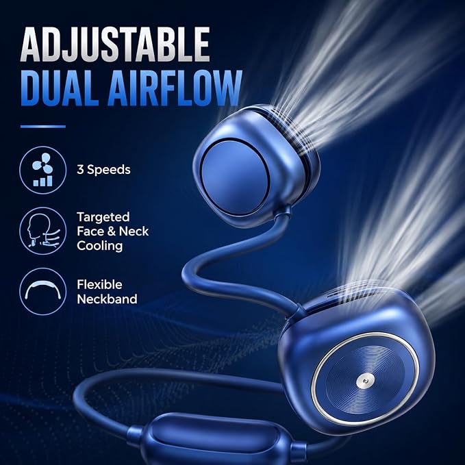 Foldable Neck Fan, Portable Neck Fan Rechargeable, Bladeless Quiet 360° Adjustable Personal Fan, 3 Speeds Hands Free Wearable Fan for Travel, Walking, Camping, Office, Navy Blue