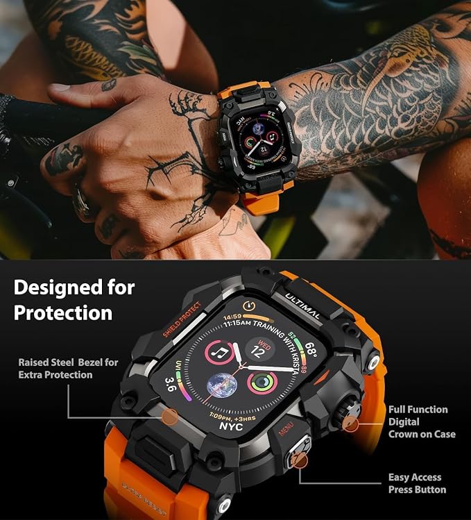 ULTIMAL Rugged Case with Band for Apple Watch 44mm,Compatible with Apple Watch Series SE 3/SE 2/SE Generation/6/5/4, Military Grade Shockproof Bumper Cover for iWatch Tactical Band Men (Orange, 44mm)