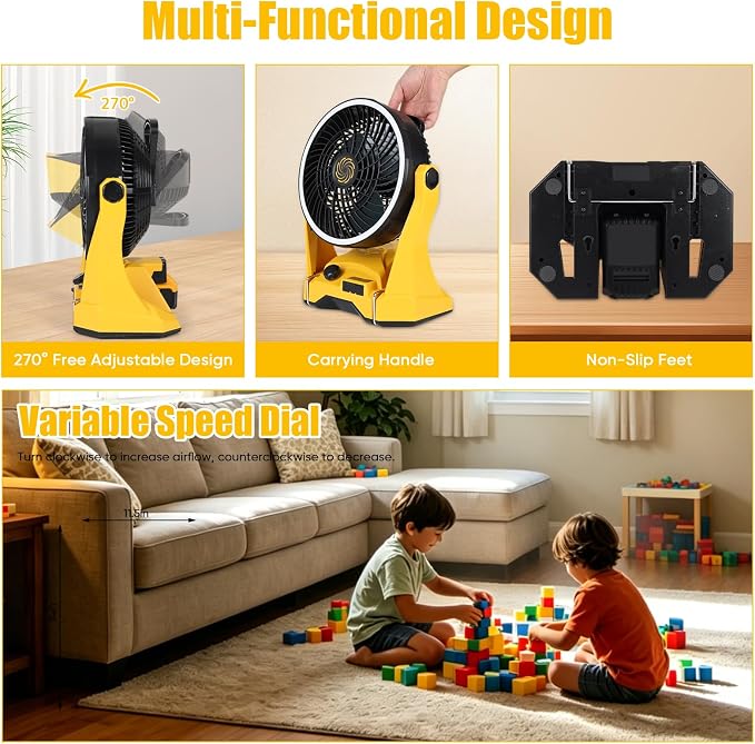 Cordless Fan for DeWalt 20V Battery – 10 Inch 650CFM Jobsite Fan for Construction Workers, Electricians & Garage Use | Variable Speed, 4.5Hr Runtime, USB-C Charging, Battery or AC Powered | Tool Only