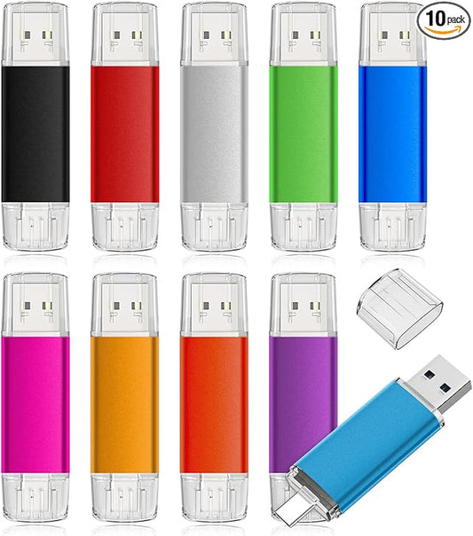 AreTop 64GB USB C Flash Drive Dual USB 2.0 Flash Drive Type C + USB A Portable USB-C Thumb Drive 2-in-1 Type-C Memory Stick for Android Smartphone, Computers, MacBook, Tablets, 10 Pack, Mix-Colors