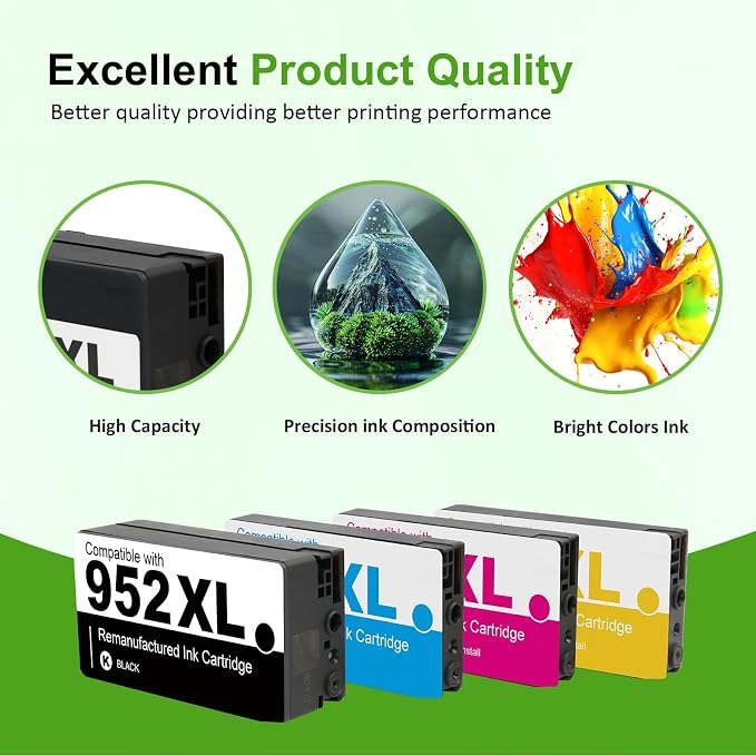 952XL 952 8710 Ink Cartridges Combo Pack for HP Printers 952 XL for HP OfficeJet Pro 8710 7740 8720 8715 8715 8725 8730 8702 8732M 8736 8743 Printer 4 Pack (Black Cyan Magenta Yellow)