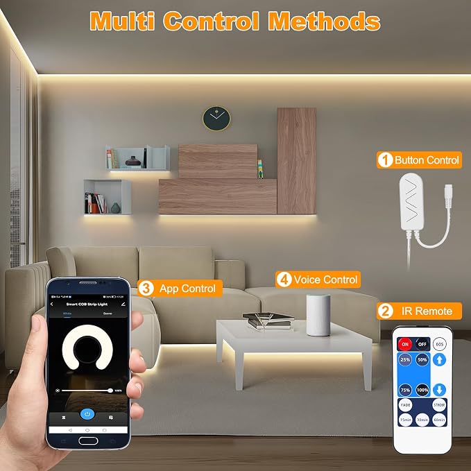 Tatazone Smart White COB Led Strip Light with App and Remote, 32.8ft 2700K Bright Warm Color WiFi COB Light Strip Compatible with Alexa Google, Dimmable Indoor Led Lights for Mirror, Cabinet, Kitchen