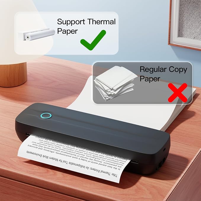 Portable Thermal Printer Wireless for Travel, Supports 8.5" X 11"US Letter/A4/A5/4in/3in/2in Thermal Paper, Bluetooth Inkless Printer Compatible with iOS, Android & Laptop for Office, School, Vehicle