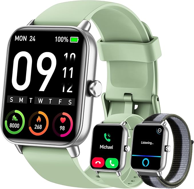 Hingso Smart Watch for Women Men, 1.85" Fitness Tracker for Android/iPhone | Bluetooth Call & Text Alert, Alexa Built-in, 24/7 Heart Rate/SpO2/Sleep/Cycles Monitor, 120+ Sports, IP68 Waterproof, 2 Bands
